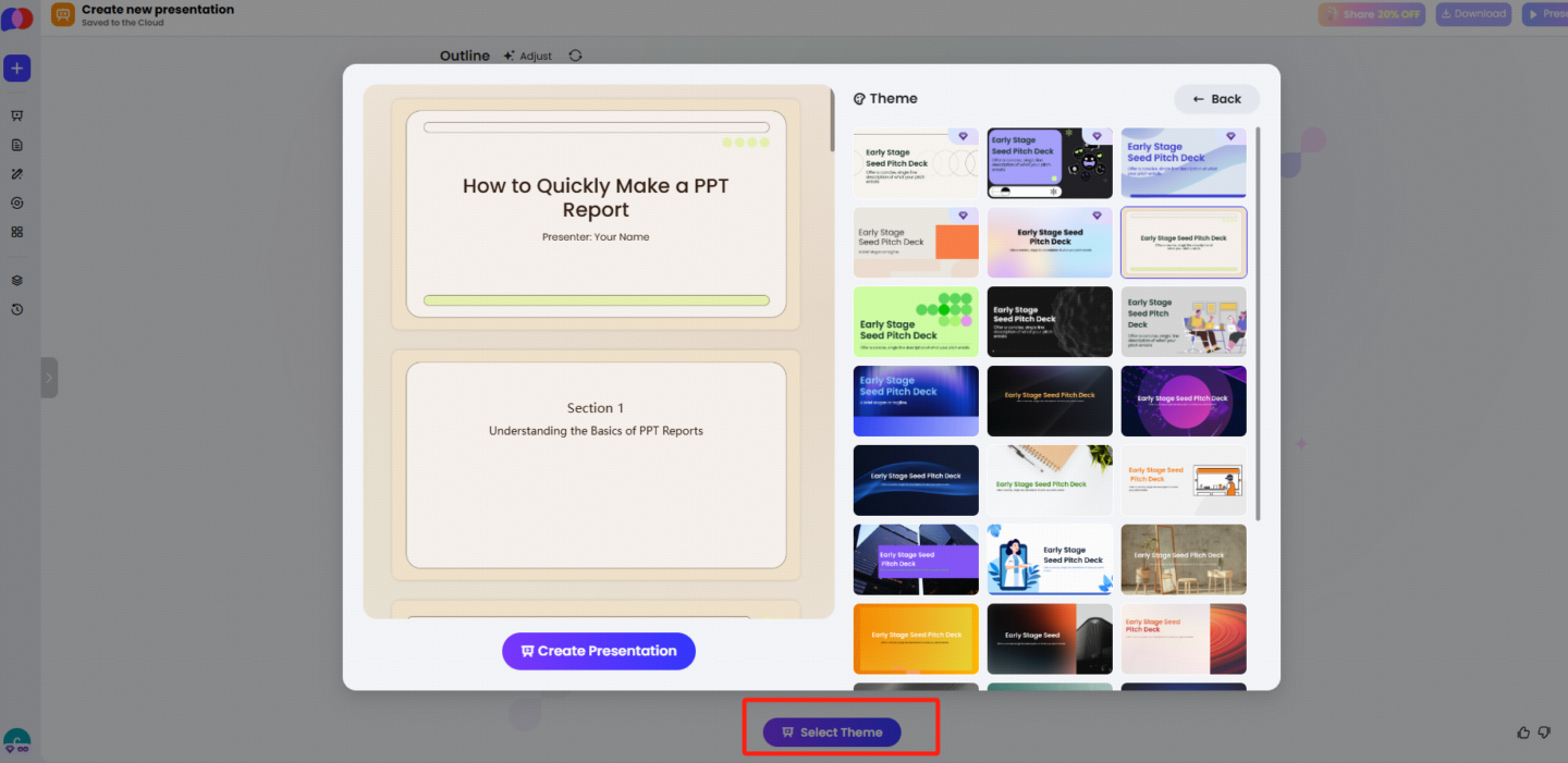 Teachers can select a preferred theme and click the "Create Presentation" button to start generating the PPT in one click.