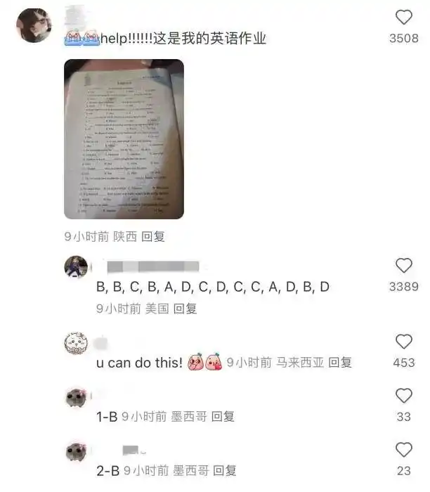 Many Chinese users shared their English assignments and asked American users to help solve grammar problems