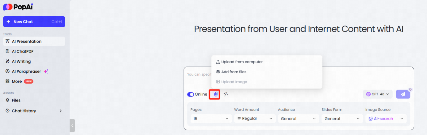 teachers can uploard files here to create AI Presentation