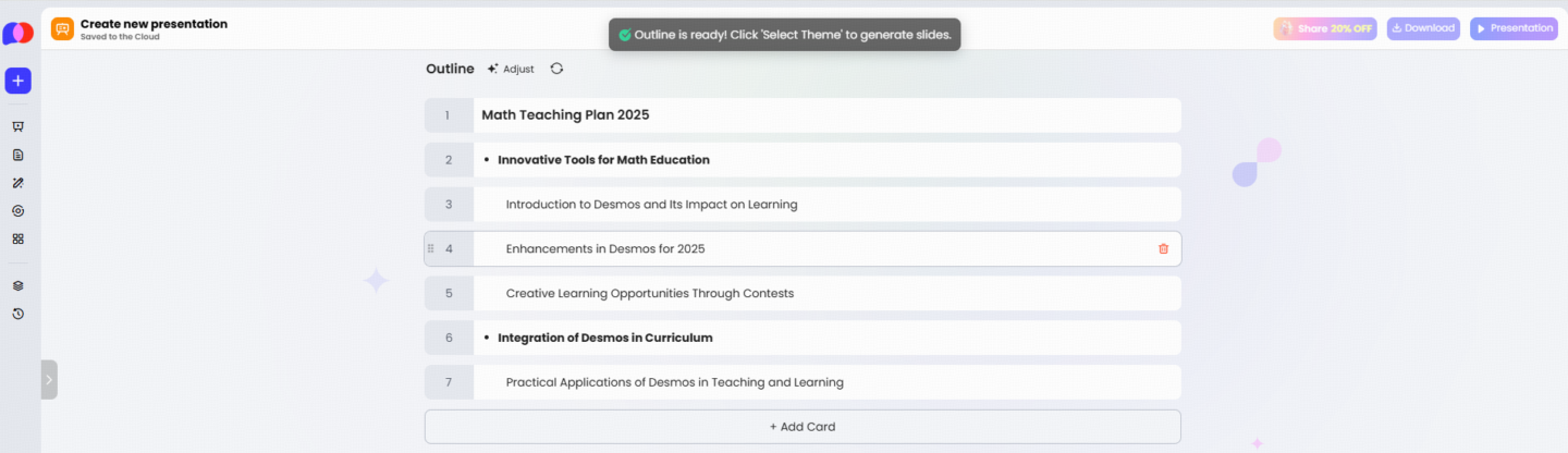 PopAi automatically generates a PPT outline based on the input content. Teachers can also manually modify the outline in PopAi.