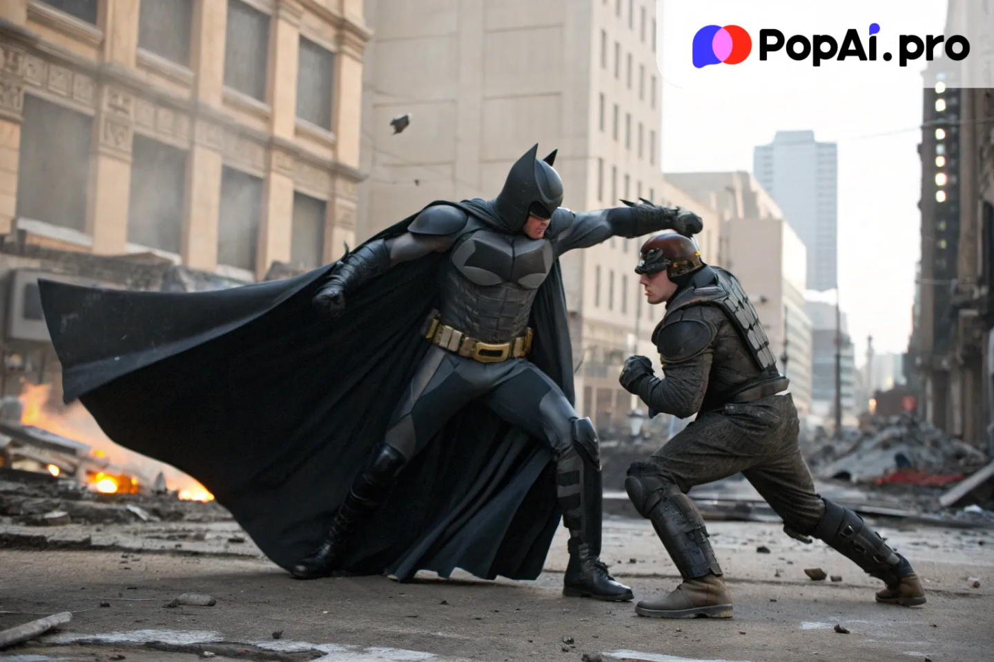 Batman in action, mid-fight with a villain