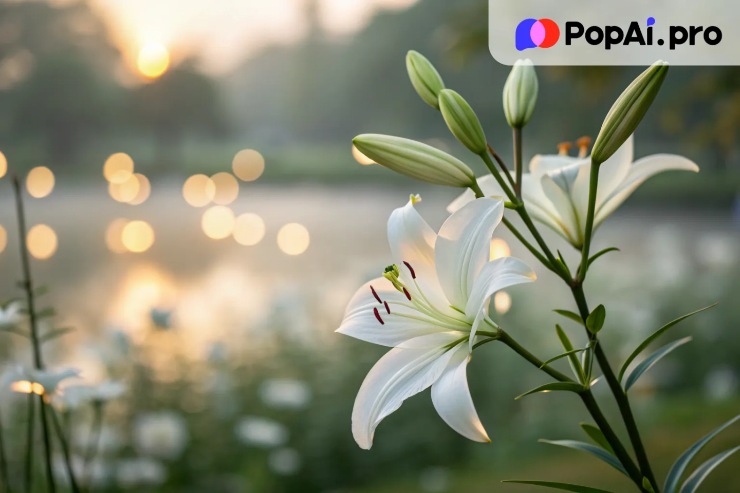 a white lily surrounded by soft light, with the flower sharp in focus