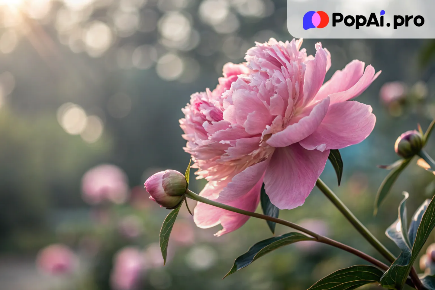 a pink peony in full bloom, with intricate petal details and a blurred background