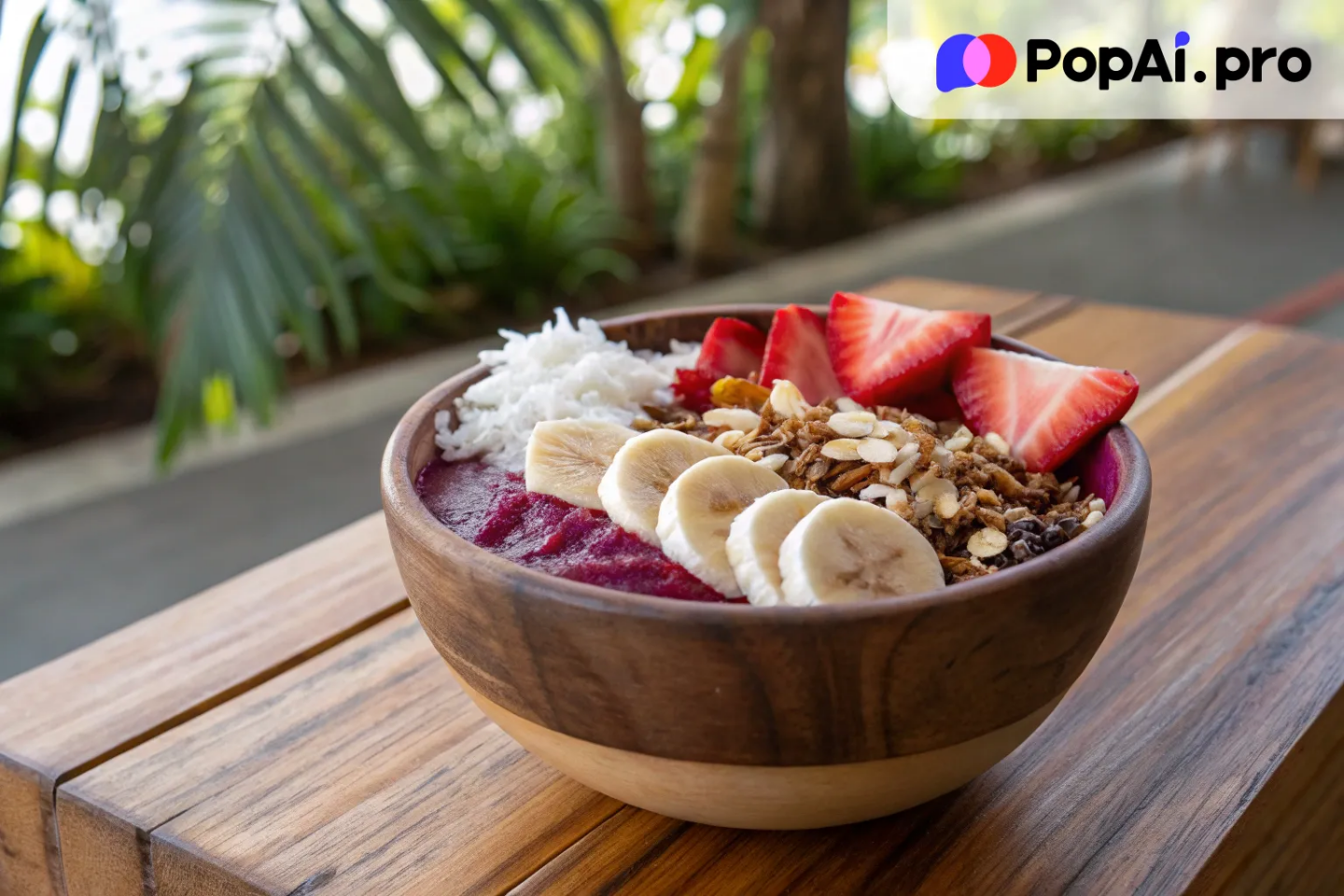 a vibrant acai bowl topped with granola, sliced bananas, strawberries, and coconut flakes