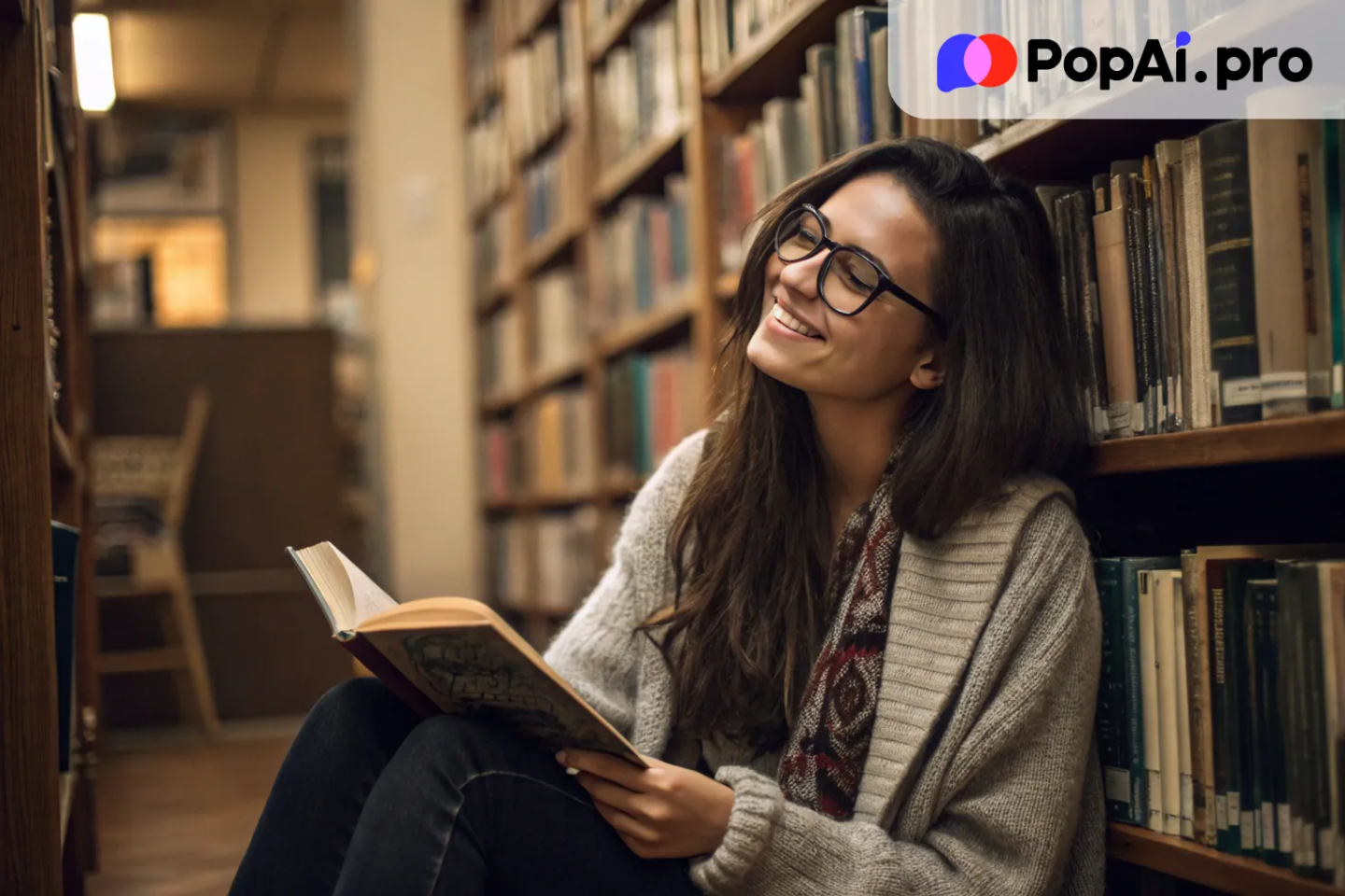 a nerdy, bookish girlfriend with long dark hair, wearing a cardigan and glasses