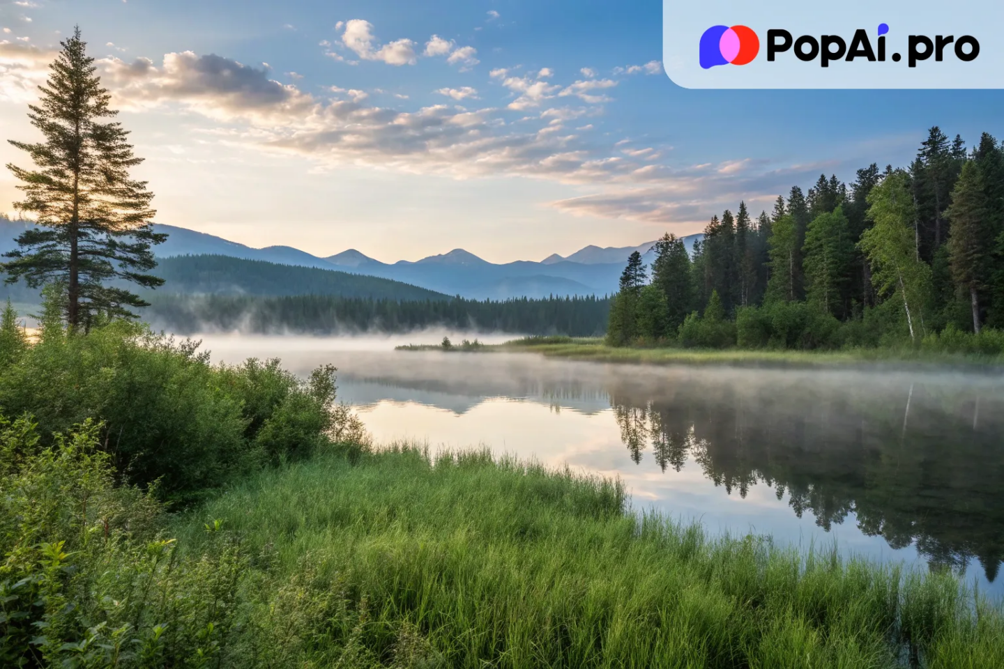 A serene, nature-inspired Good Morning image with a calm lake