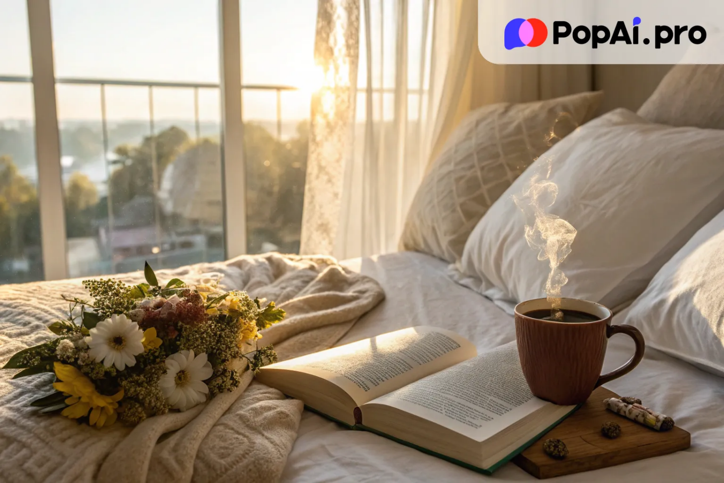 A cozy bedroom scene at sunrise