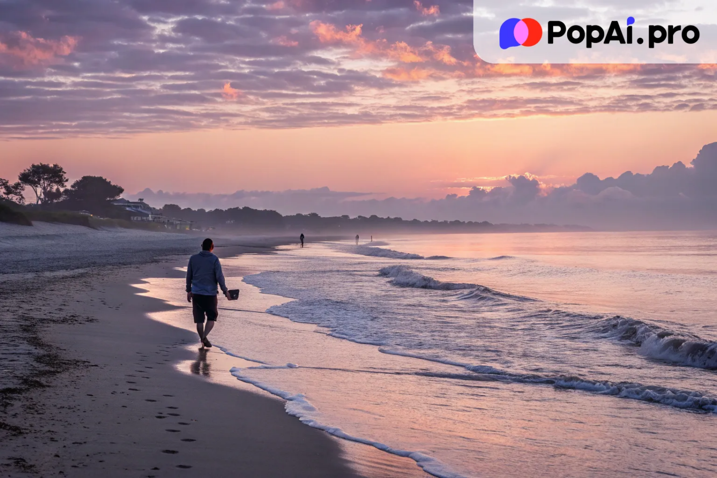 A peaceful beach scene at dawn with soft waves lapping against the shore