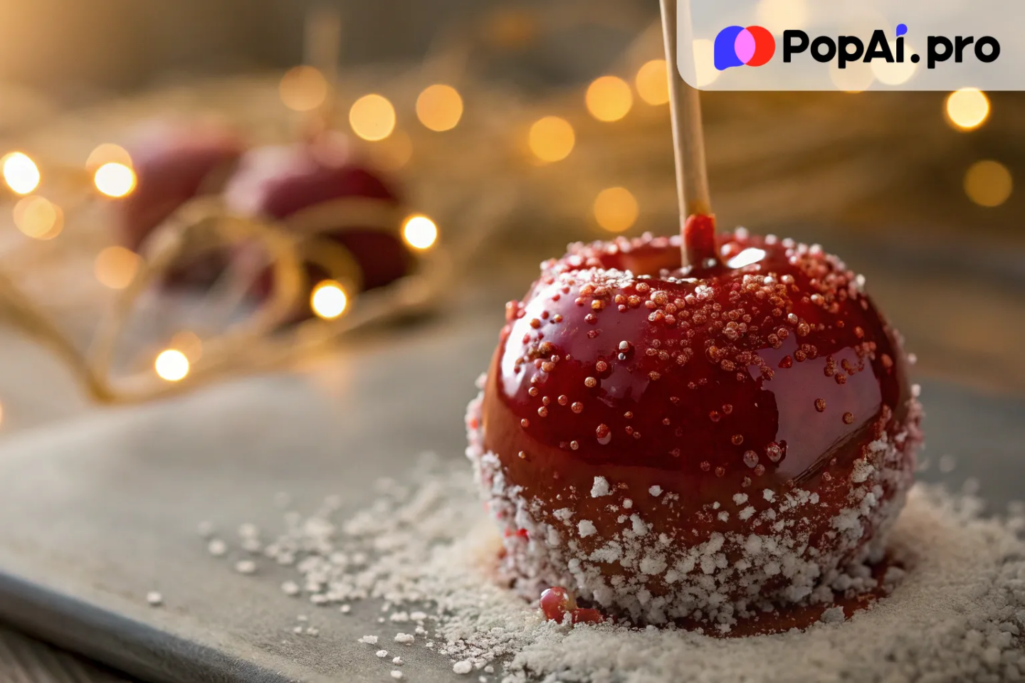 a close-up of a sparkling candy apple with a glossy red caramel coating