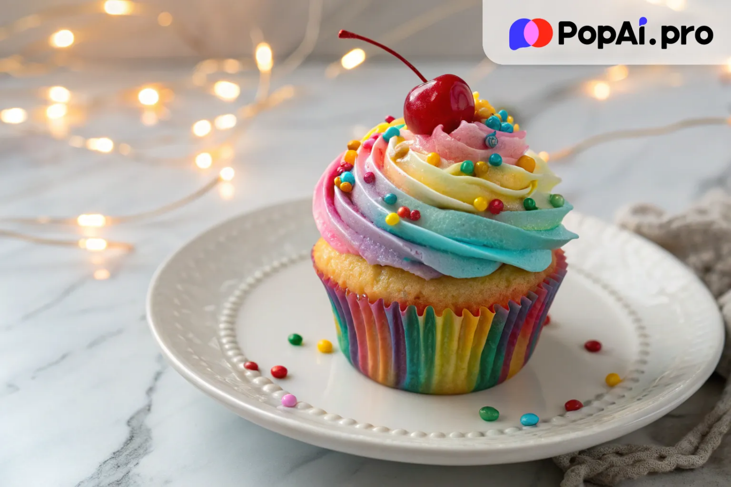 a candy-covered cupcake with frosting in rainbow colors