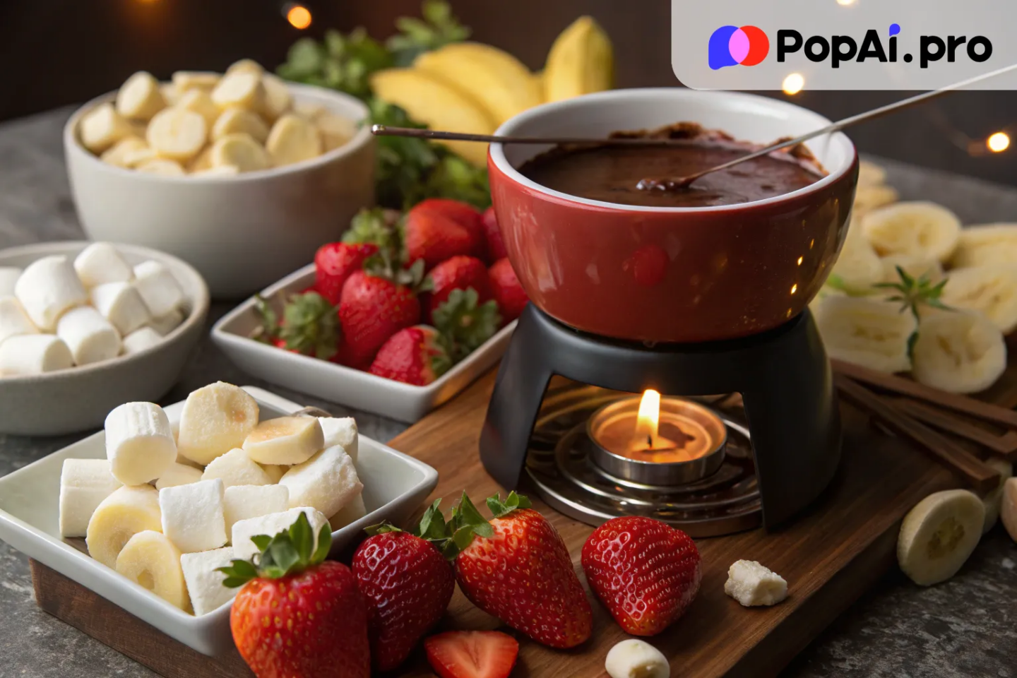 a chocolate fondue set, with fresh fruit like strawberries, bananas