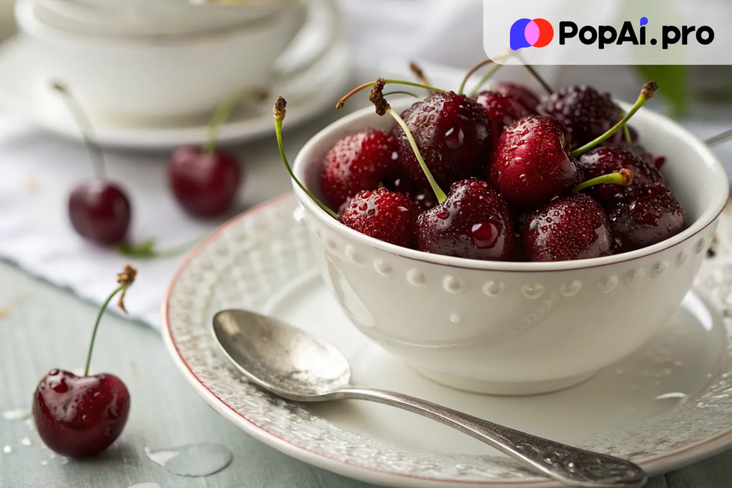 A bowl of shiny, ripe cherries sitting on a white porcelain plate