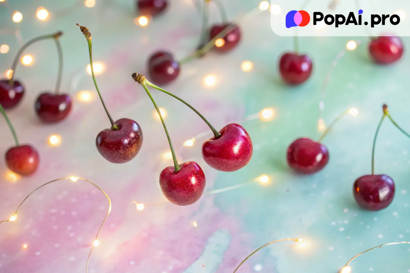 A dreamy scene of cherries floating in a soft pastel-colored background