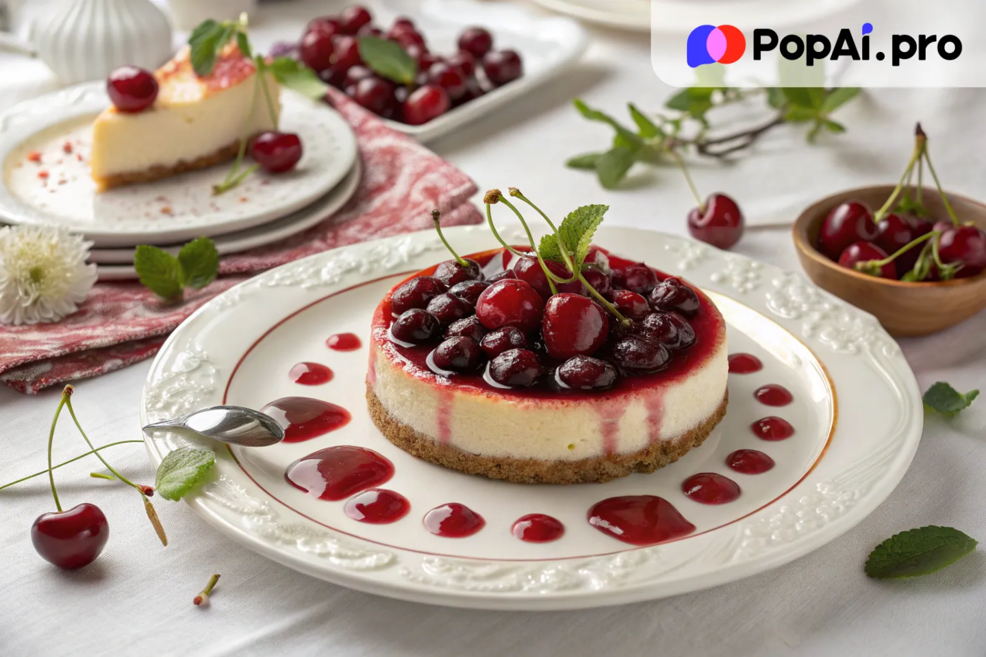 A digital artwork of a cherry-themed dessert plate