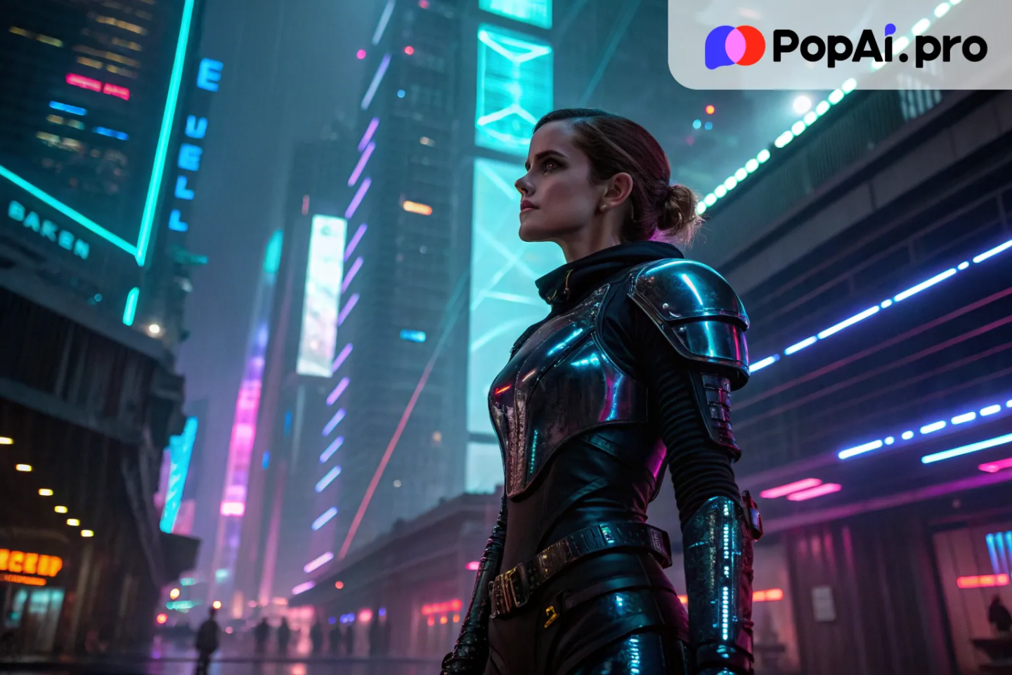 futuristic Emma Watson in a sci-fi setting, wearing sleek, metallic armor