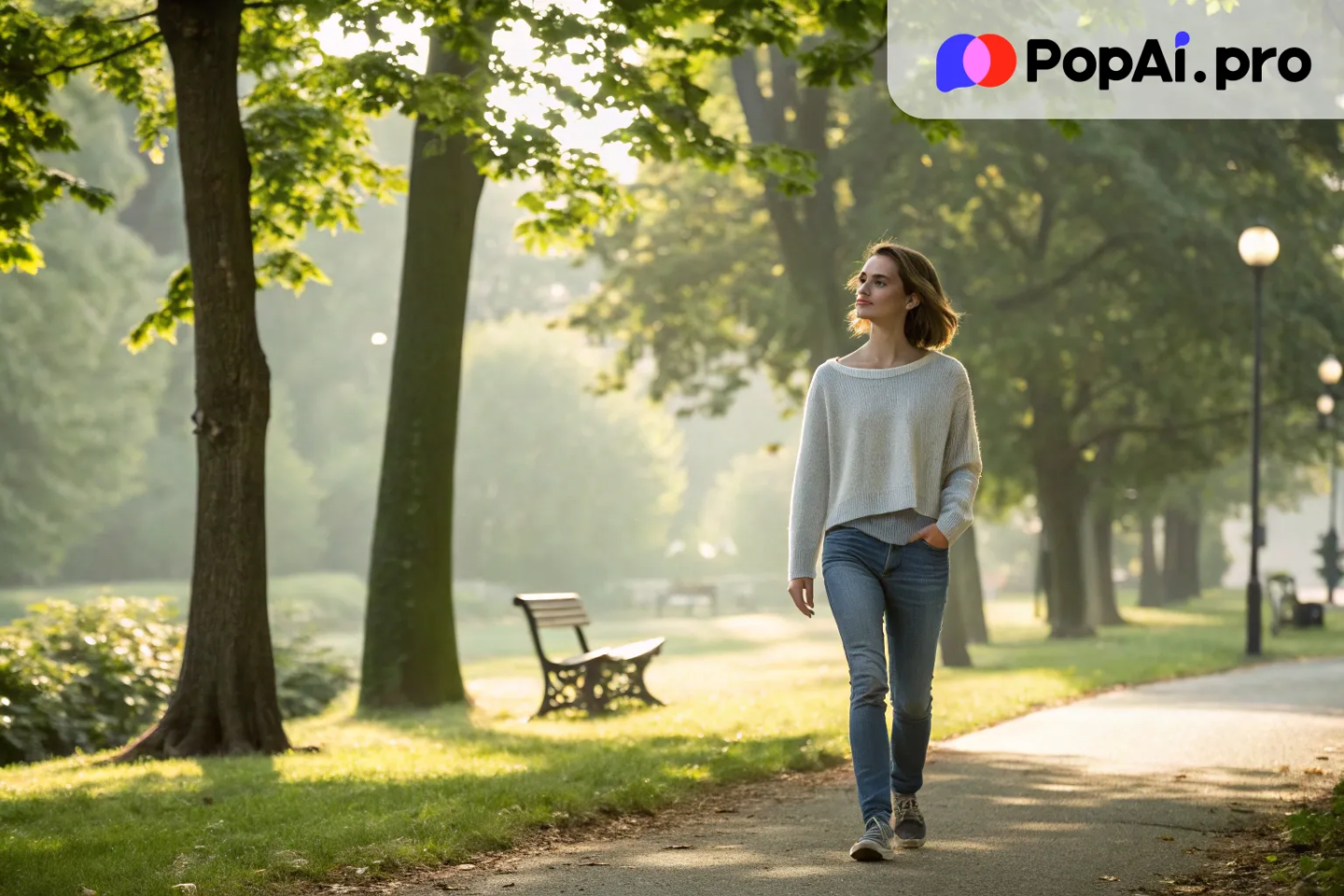 Emma Watson as she walks through a quiet park on a sunny afternoon