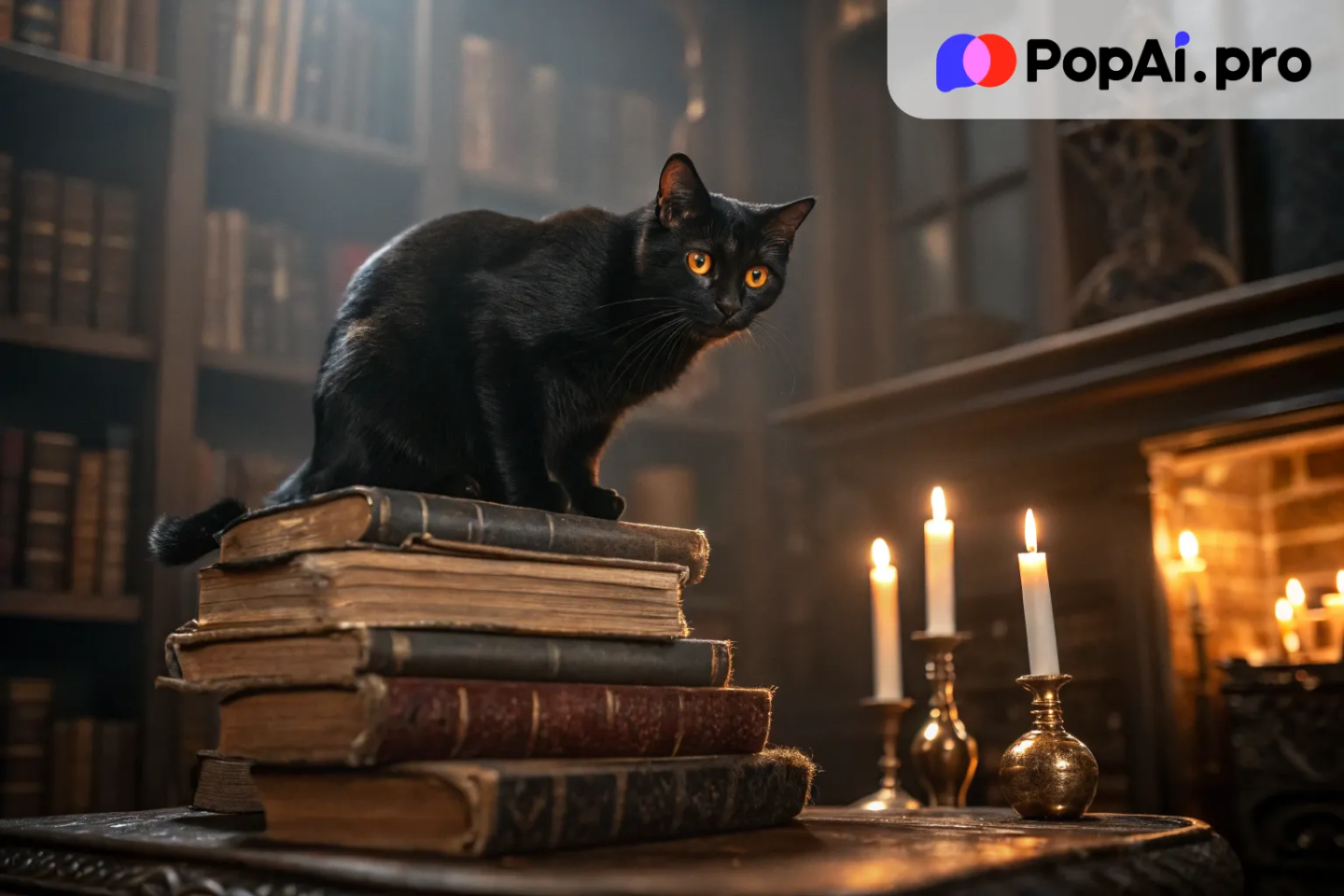 A black cat with golden eyes, sitting atop a stack of ancient books