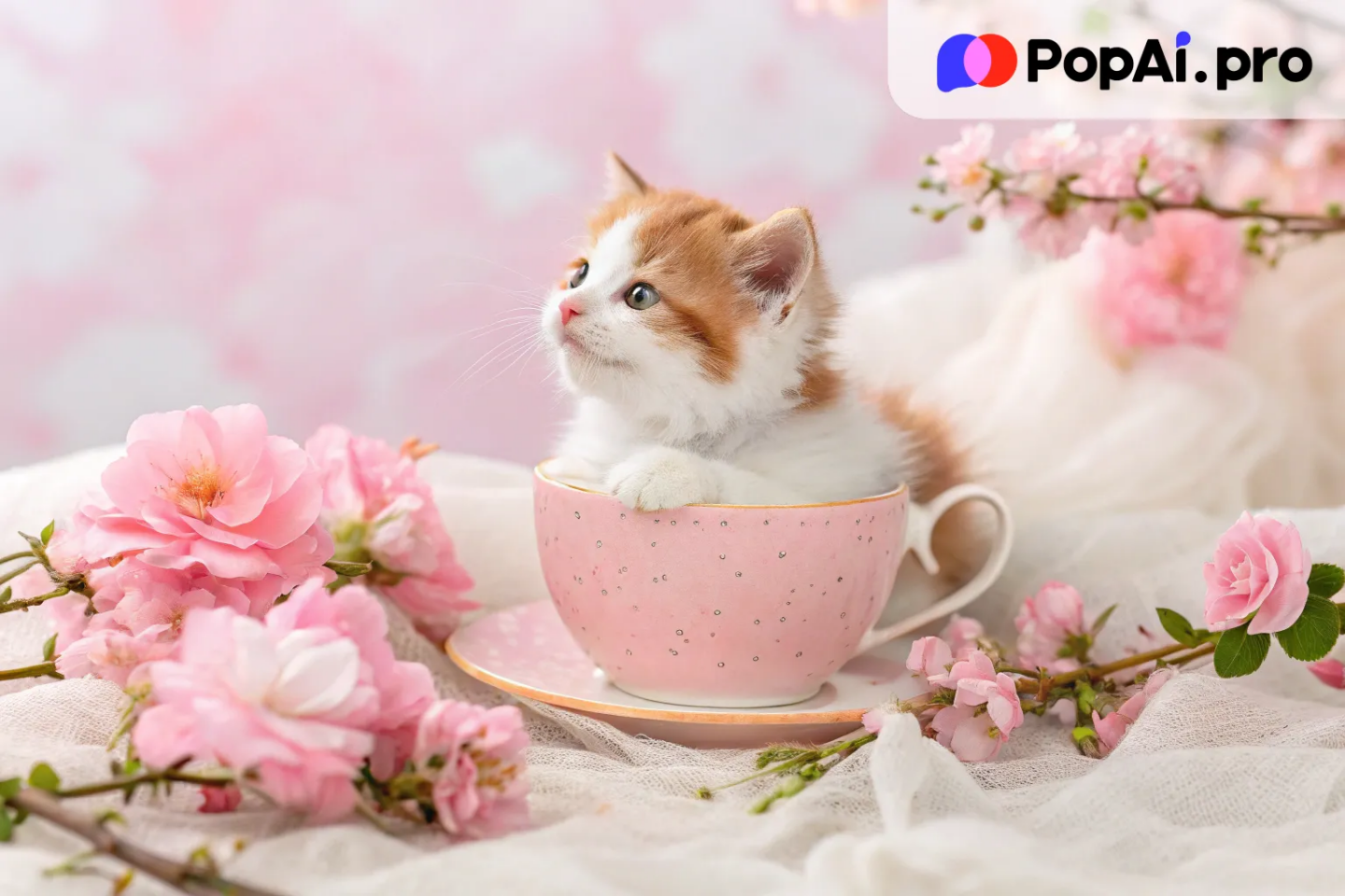 A cute orange and white kitten in a teacup