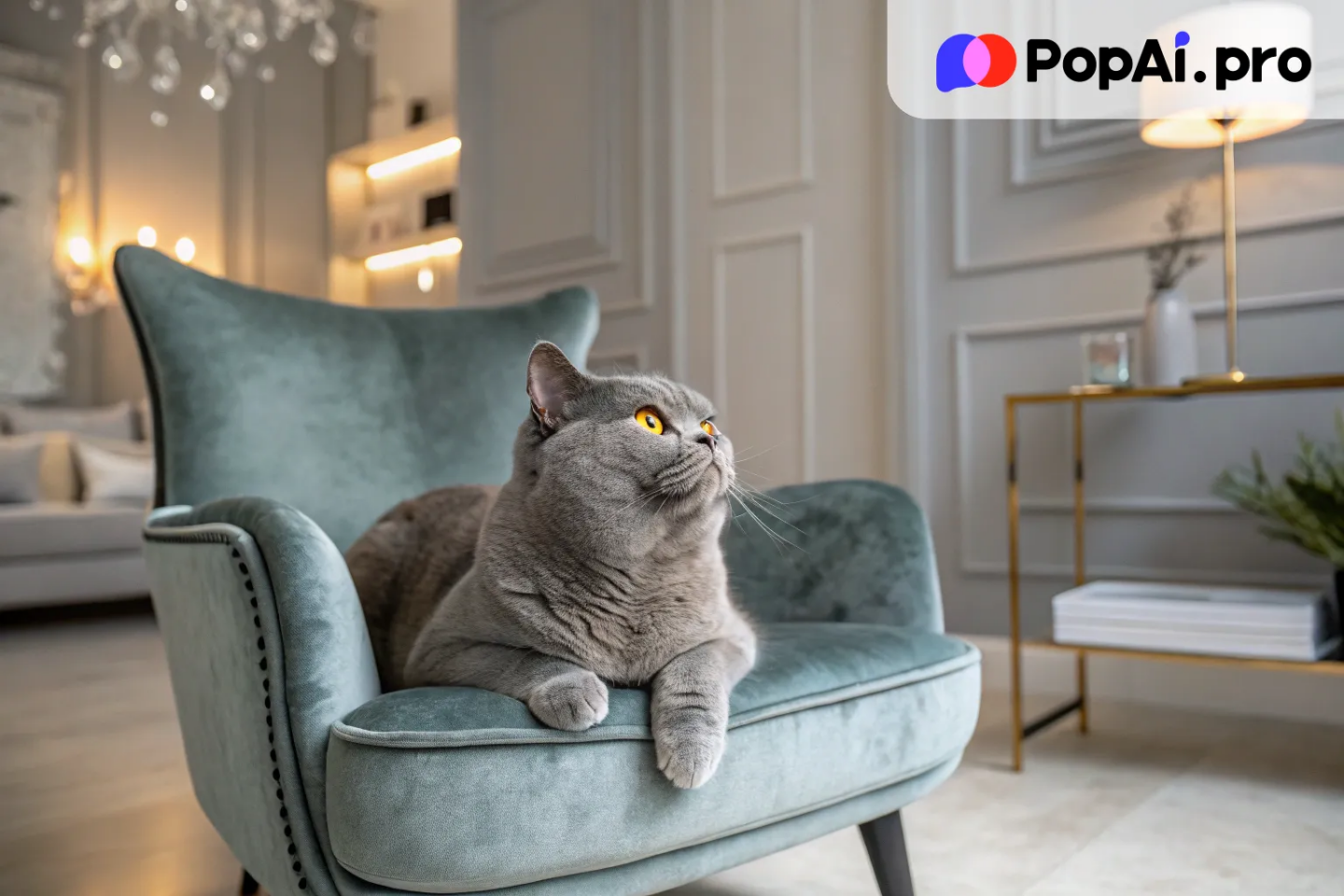 An elegant British Shorthair cat with round yellow eyes