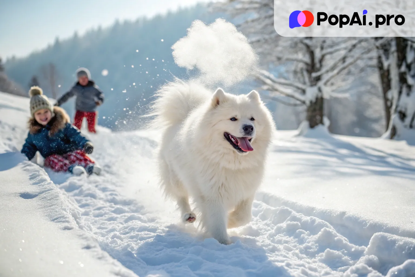 A fluffy white Samoyed dog with a big, friendly smile