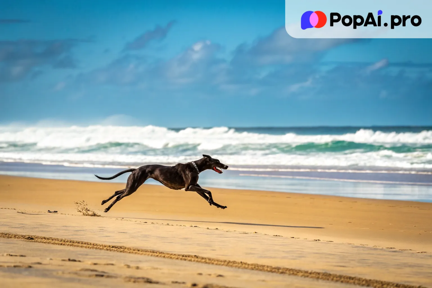 A sleek greyhound in full motion, racing across a sandy beach