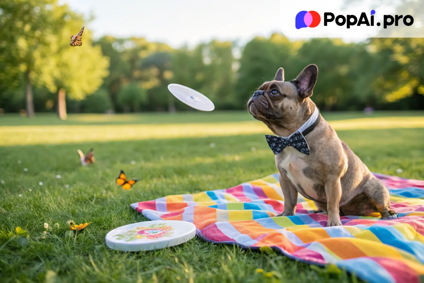 A playful French Bulldog wearing a tiny bowtie