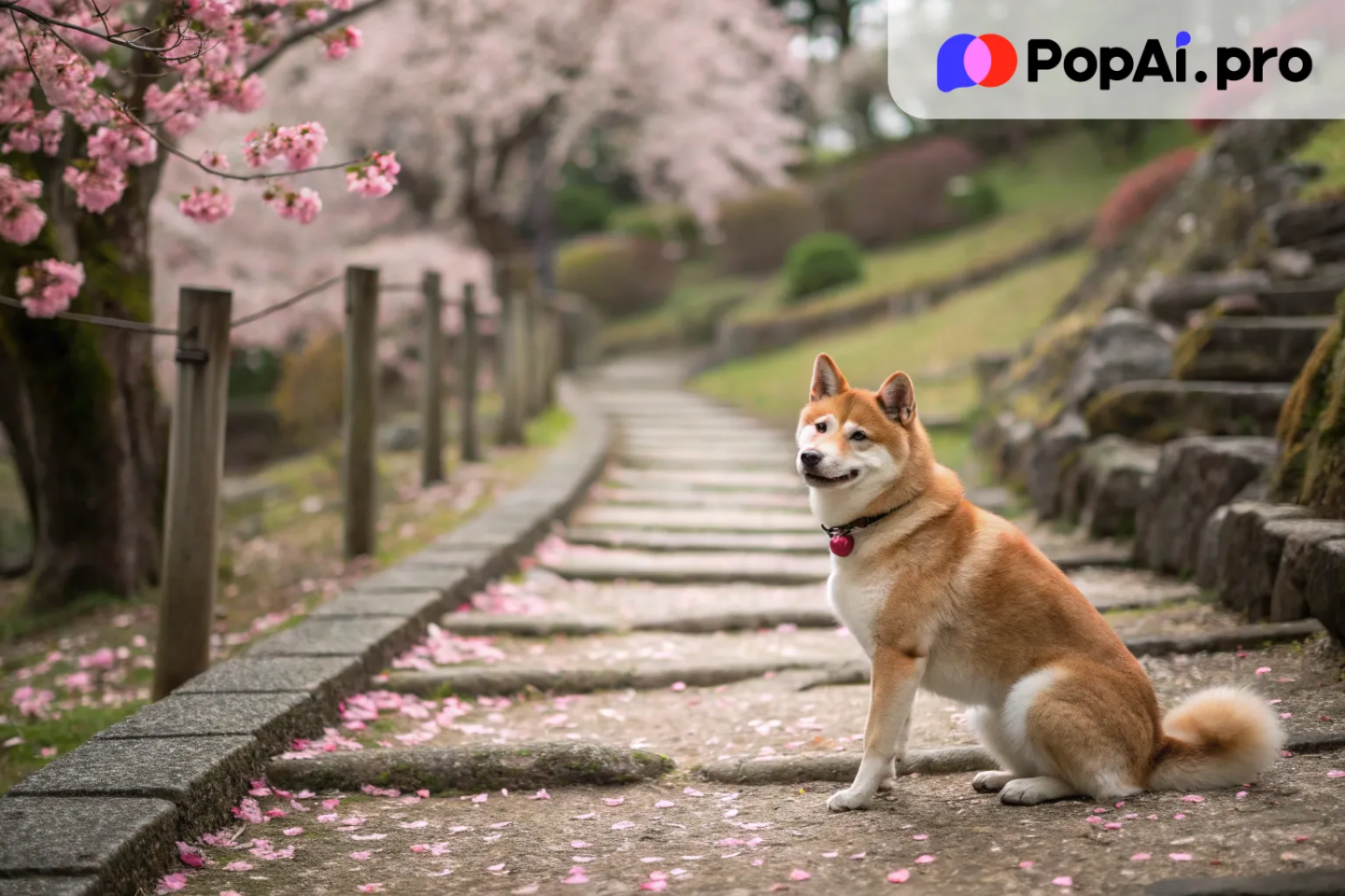 A cute Shiba Inu, with its curled tail and confident expression