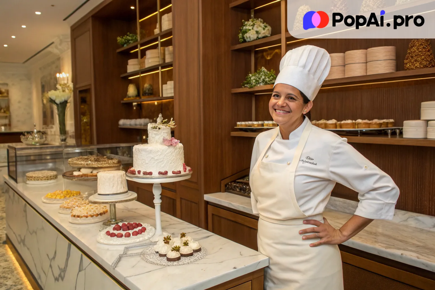 A smiling female pastry chef wearing a white chef hat