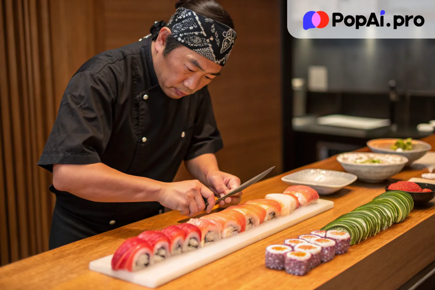 A skilled Japanese sushi chef wearing a black apron and bandana