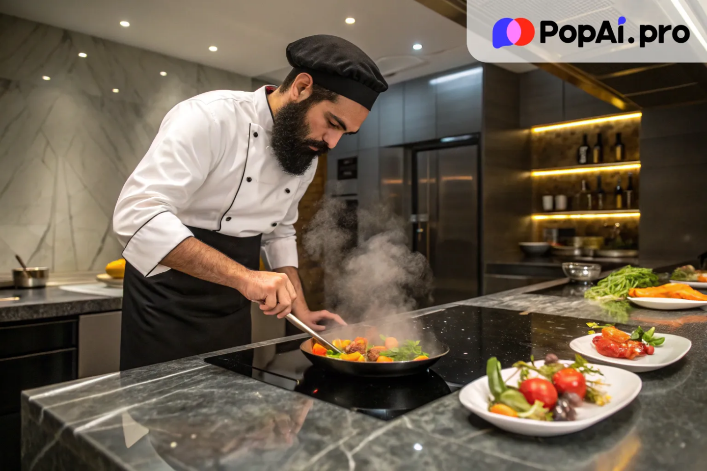 A top chef with a black beard, preparing a gourmet dish