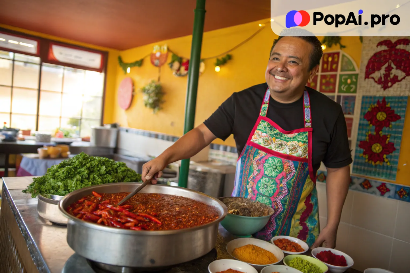 A friendly Mexican chef in a vibrant restaurant kitchen