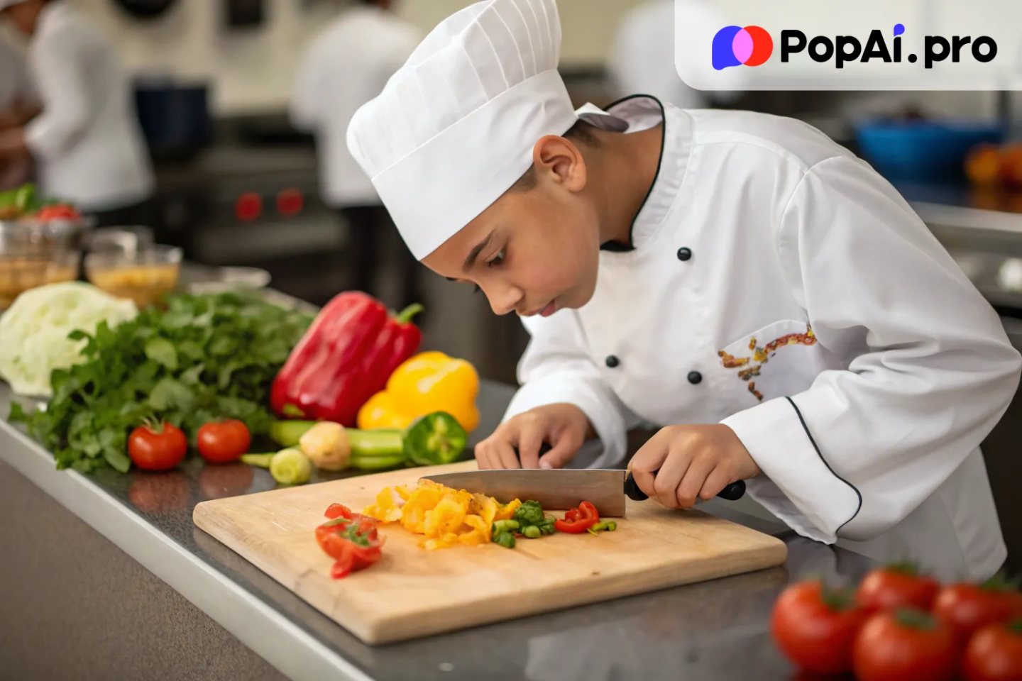 A young culinary student in a chef's uniform