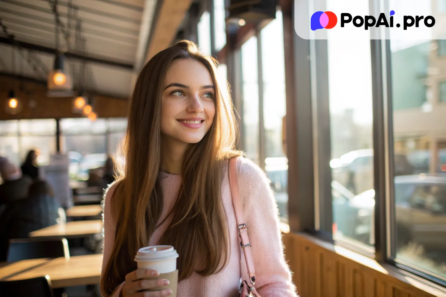 stunningly girlfriend walking through a cozy coffee shop