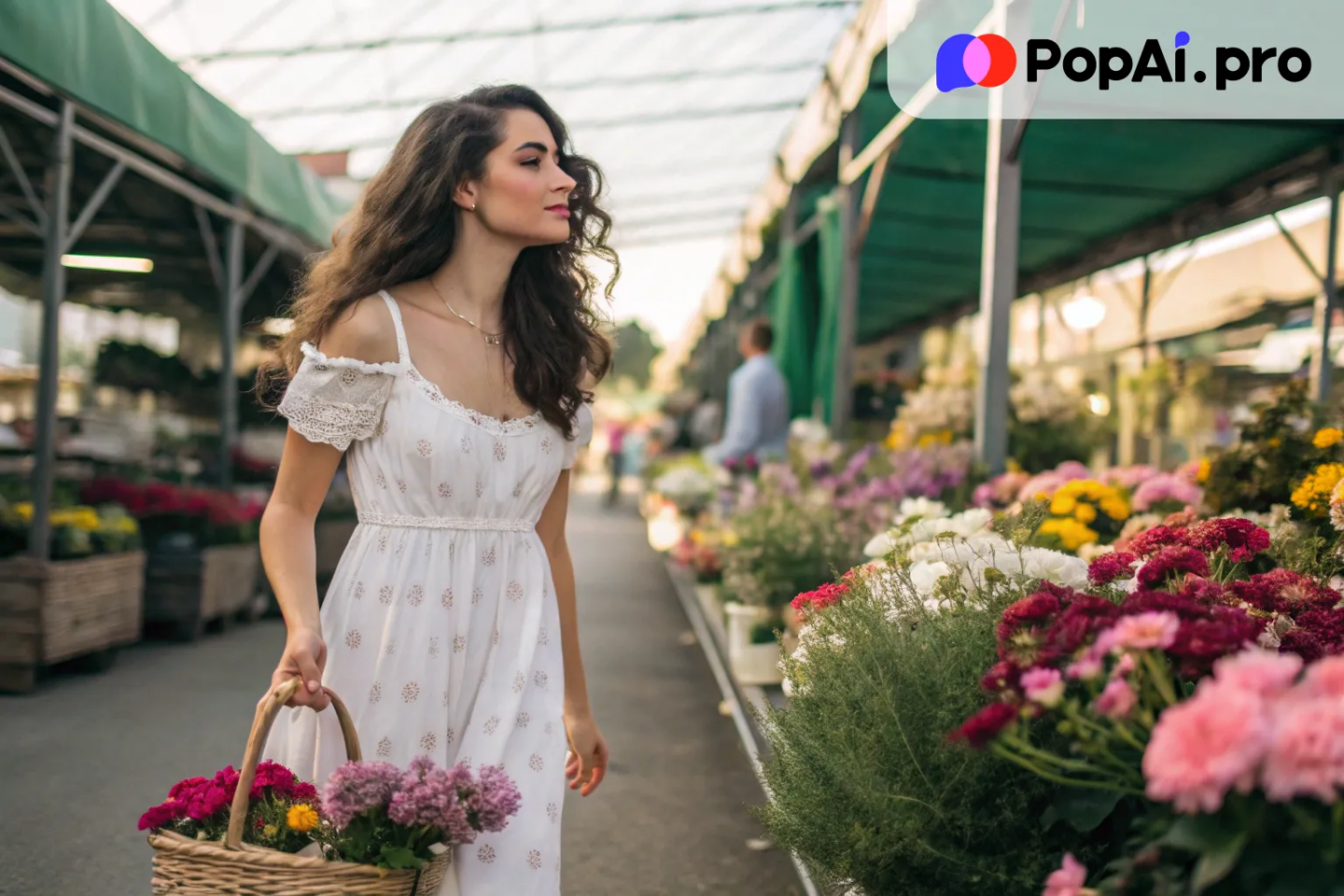 girlfriend walking through a vibrant flower market