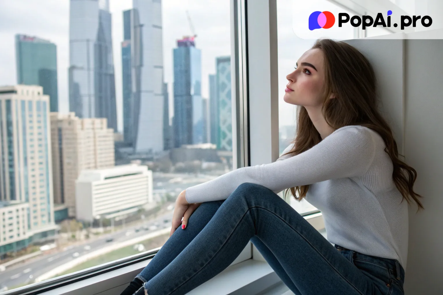 girlfriend sitting by a large window, looking out at the city skyline