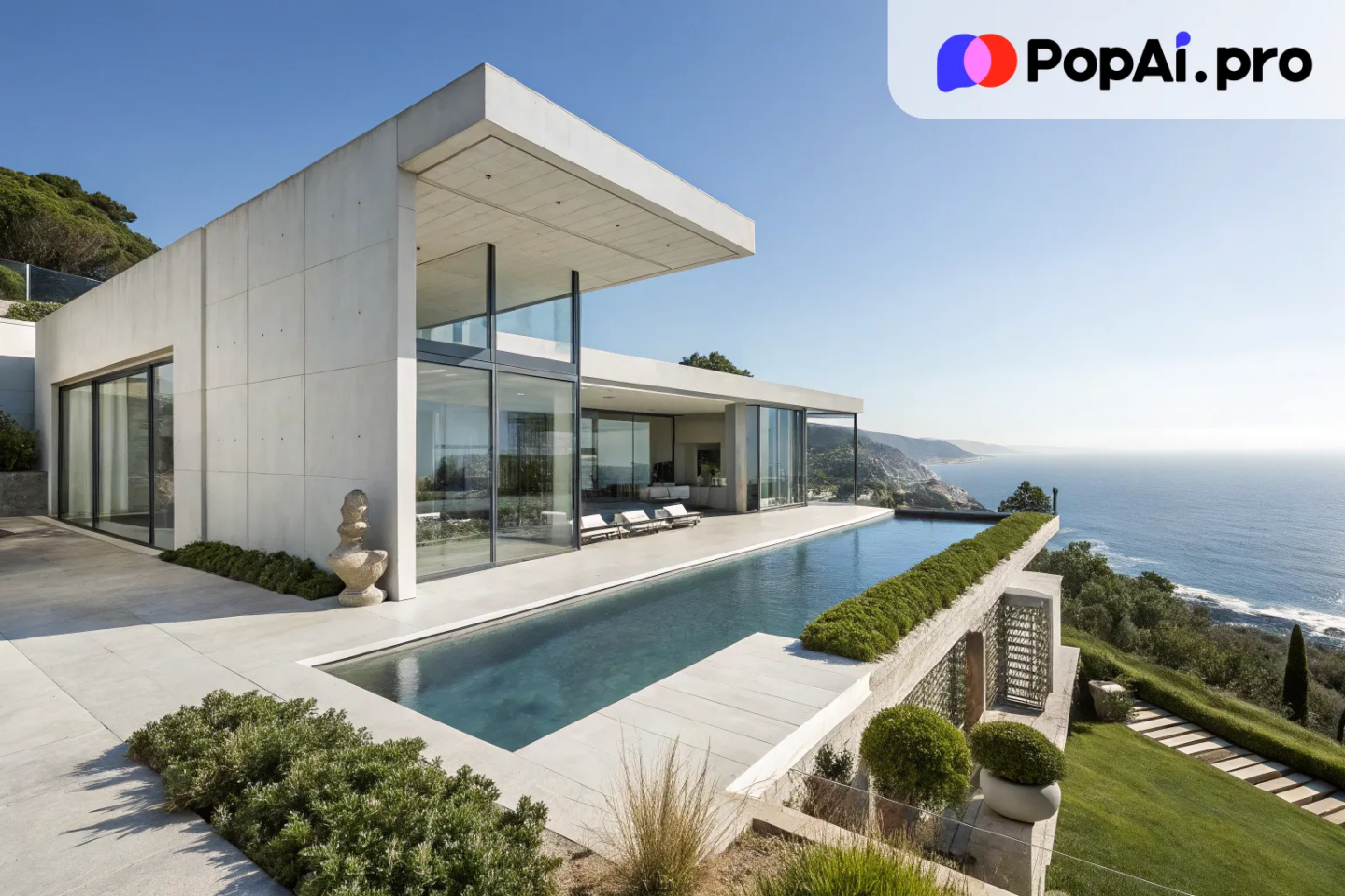 A modern minimalist house built on a cliff, with large glass walls