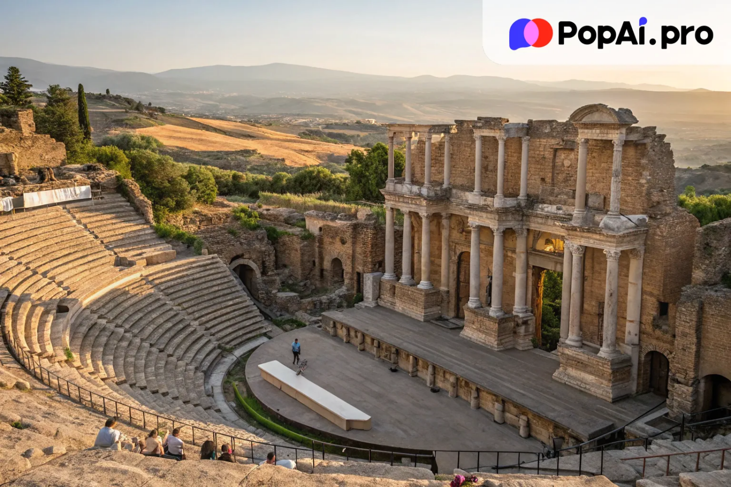 An ancient Roman-style amphitheater set in a sunlit countryside