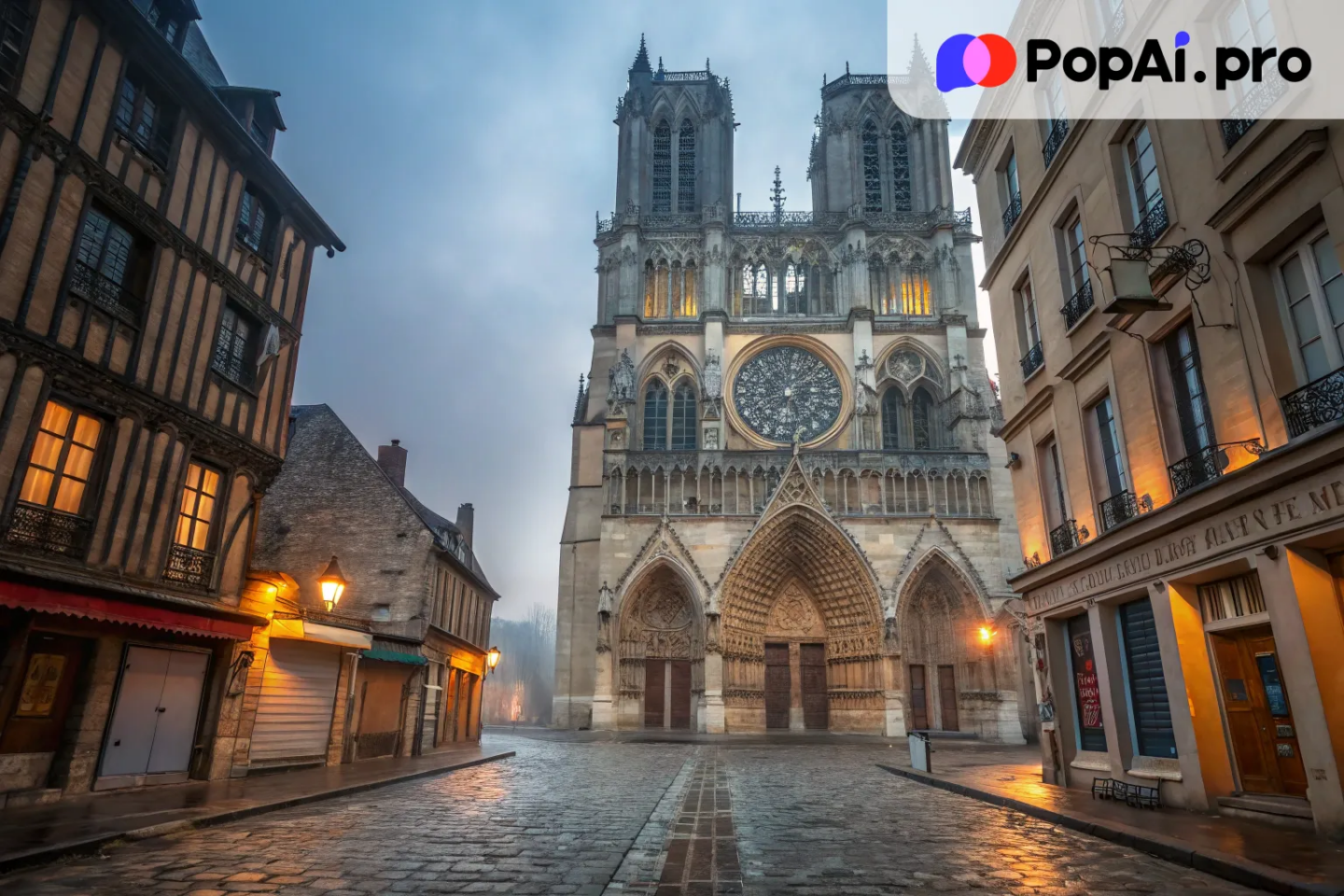 An iconic Gothic cathedral, towering over a misty city at dawn