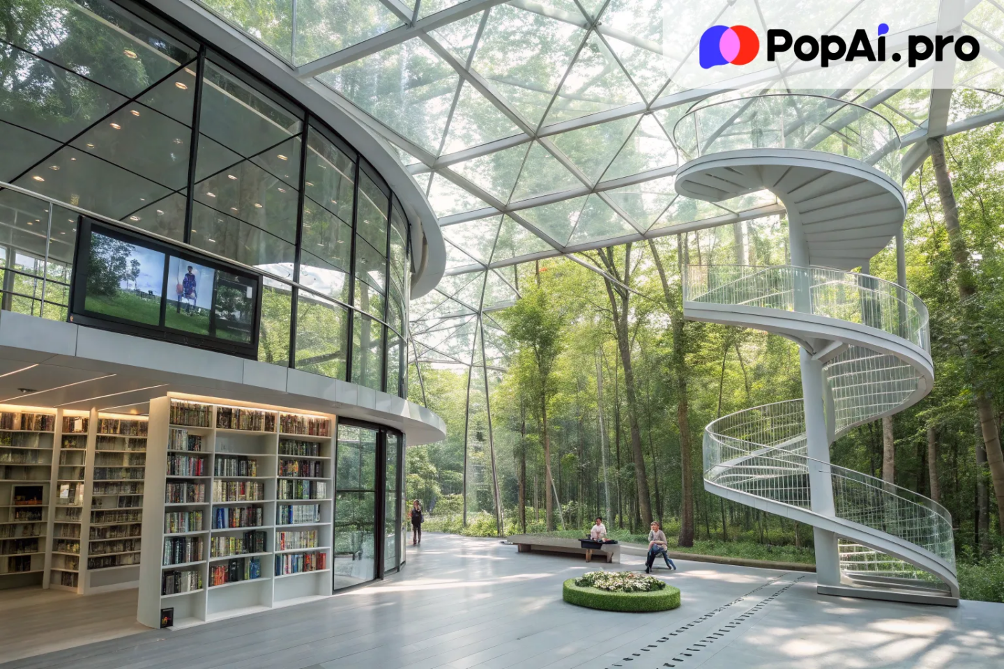 A high-tech, futuristic library designed with transparent walls and floating geometric shapes