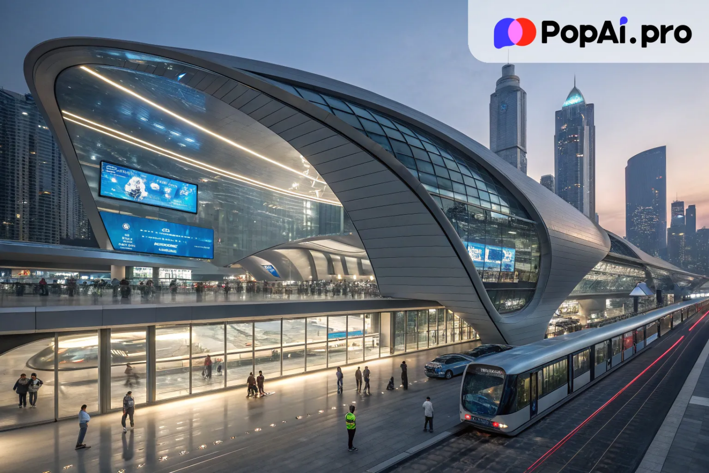 A high-tech, futuristic transportation hub with sleek, aerodynamic architecture