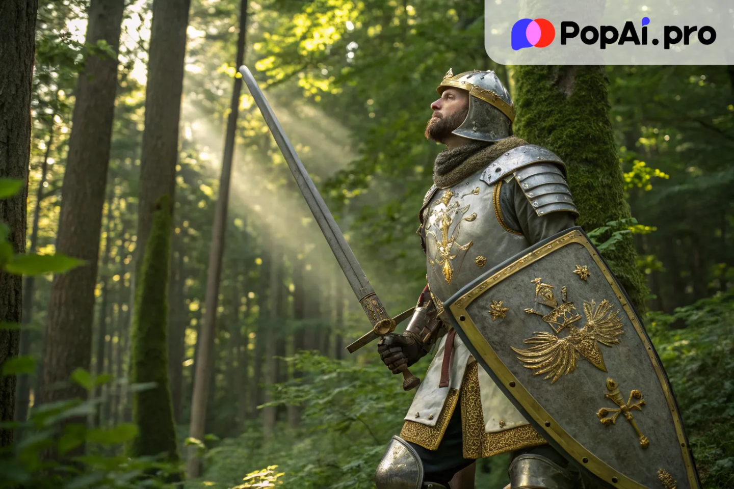 A full-body image of a medieval knight standing proud in a lush forest