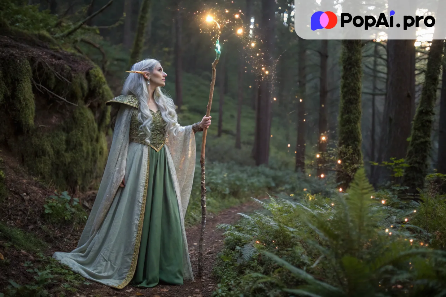 A full-body image of a fantastical elven sorceress standing in the heart of an enchanted forest