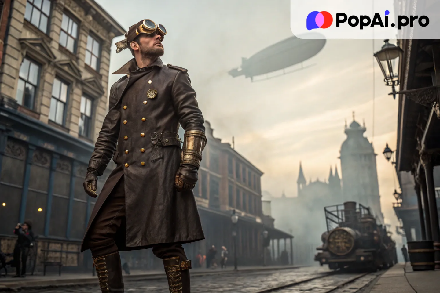 A full-body image of a steampunk adventurer, with a mix of Victorian-era clothing and mechanical accessories