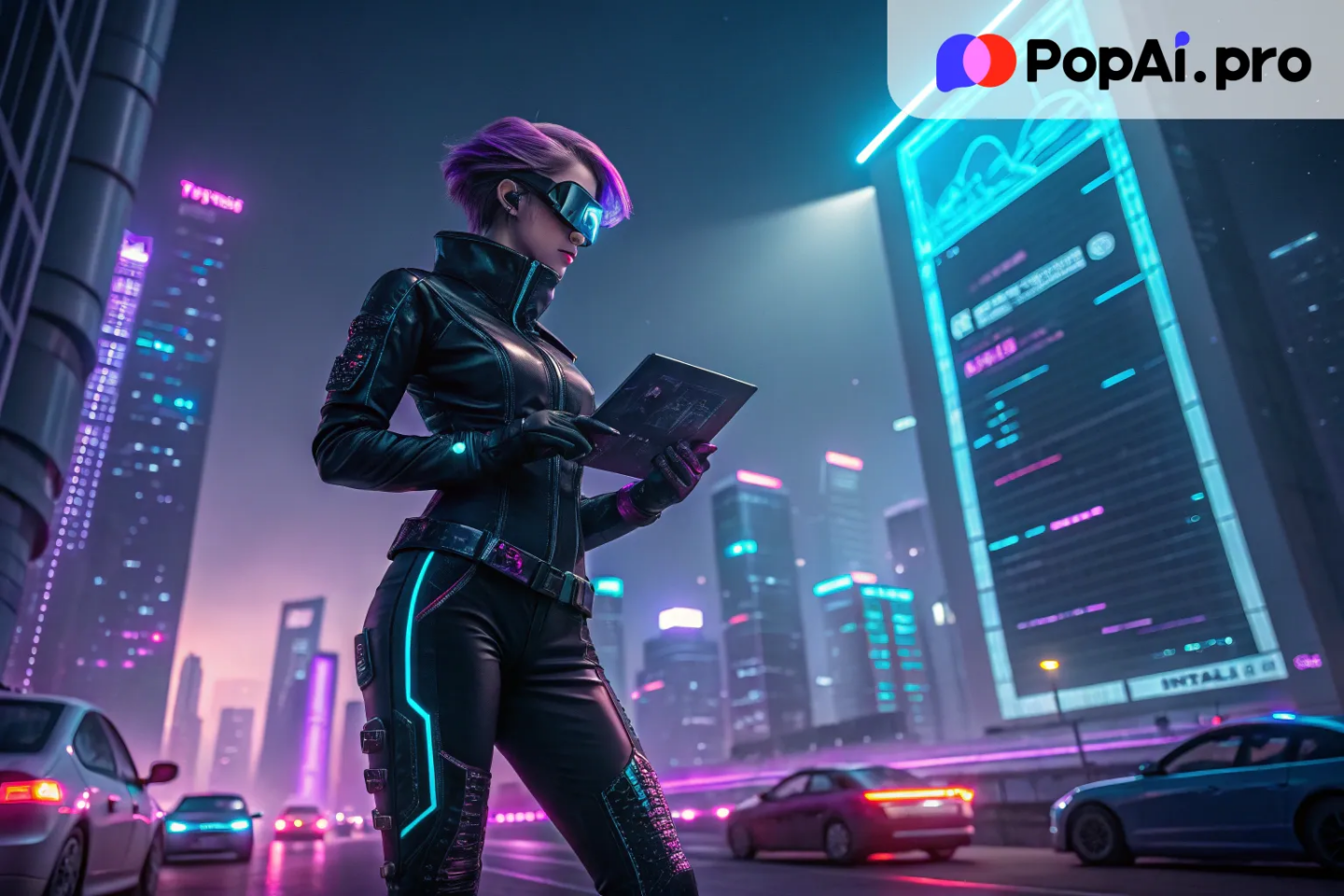 A full-body portrait of a cyberpunk hacker in a neon-lit city