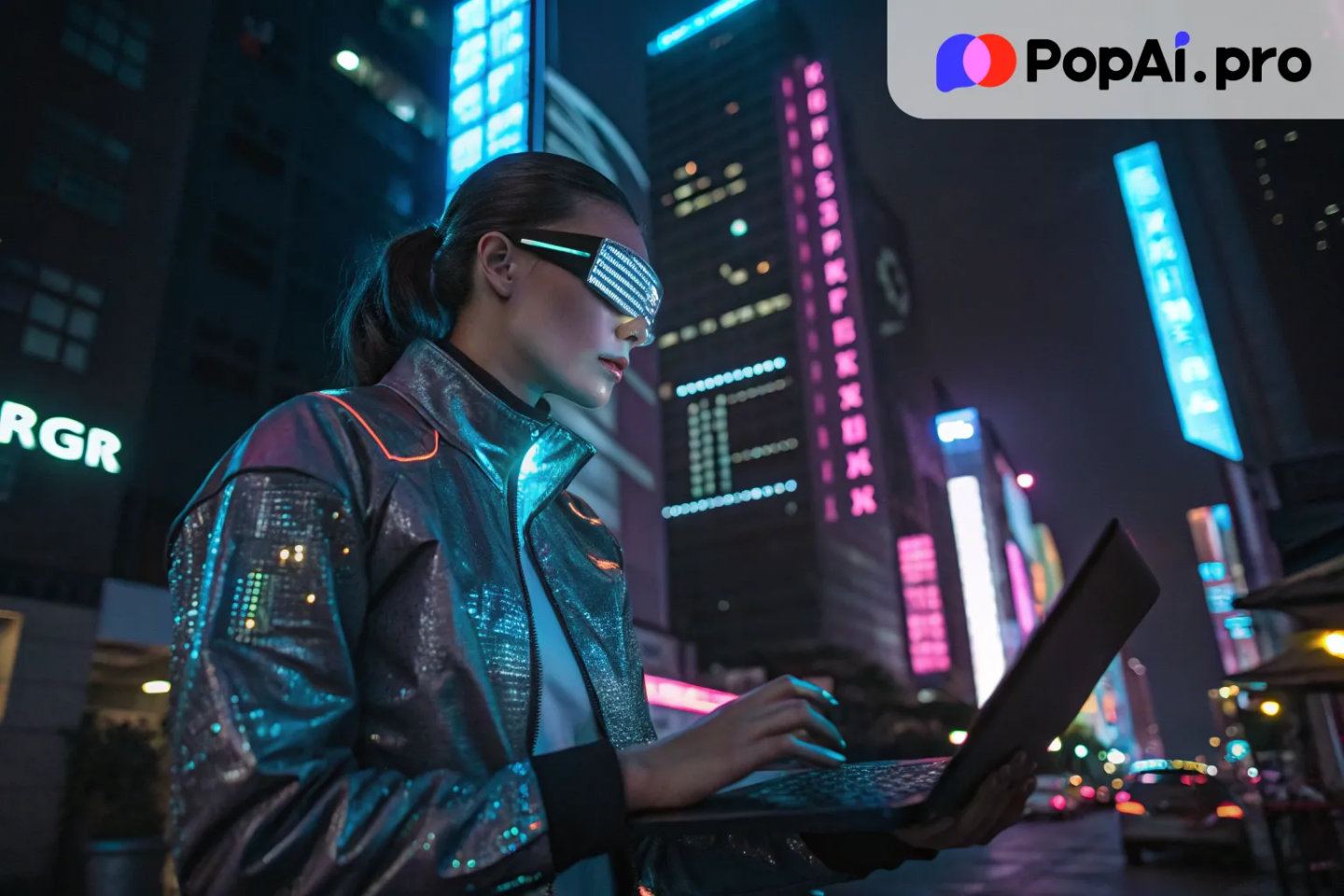 A half-body image of a cyberpunk hacker in a dimly lit, neon-soaked city