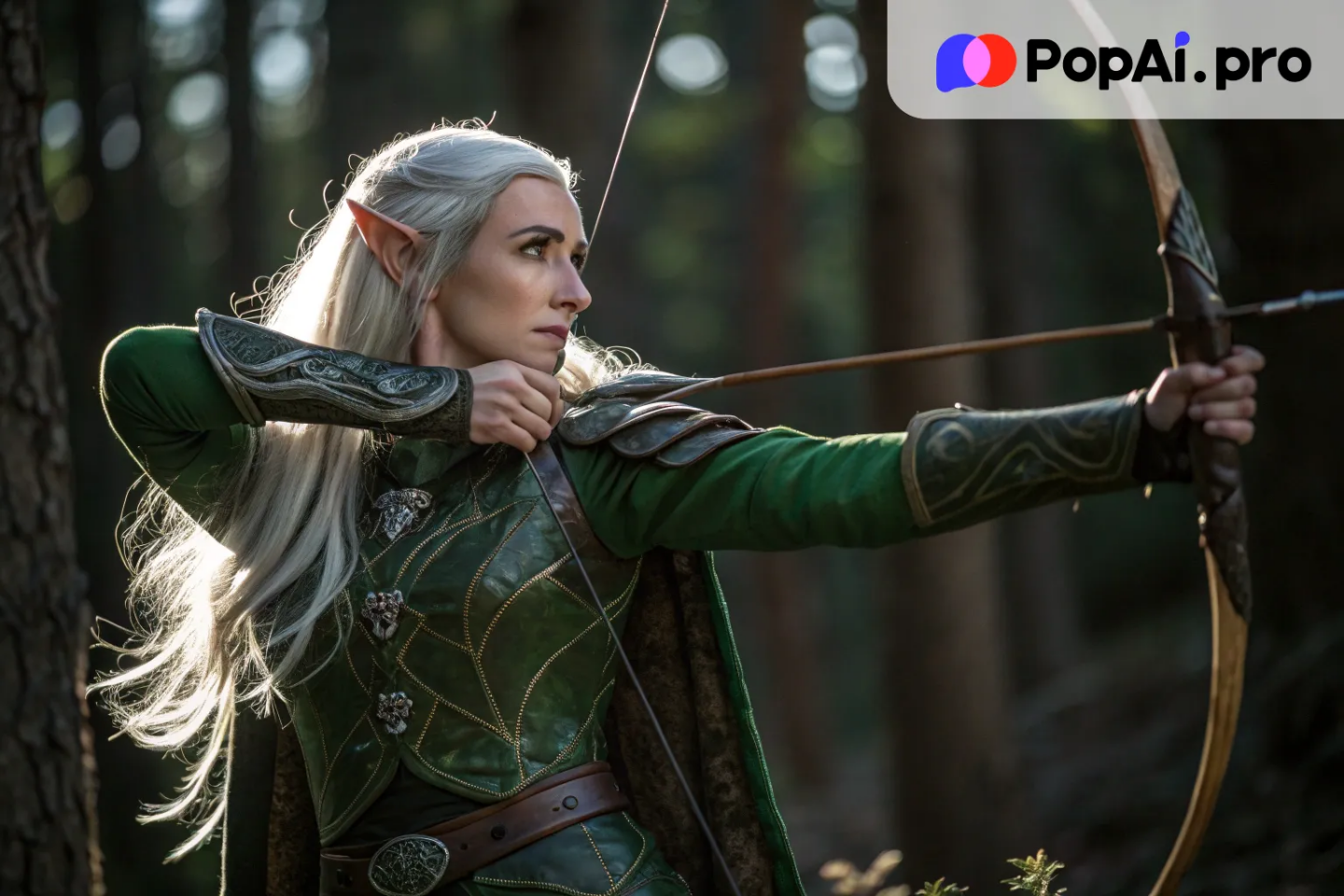 A half-body portrait of a powerful elven archer, standing with her bow drawn, ready to fire