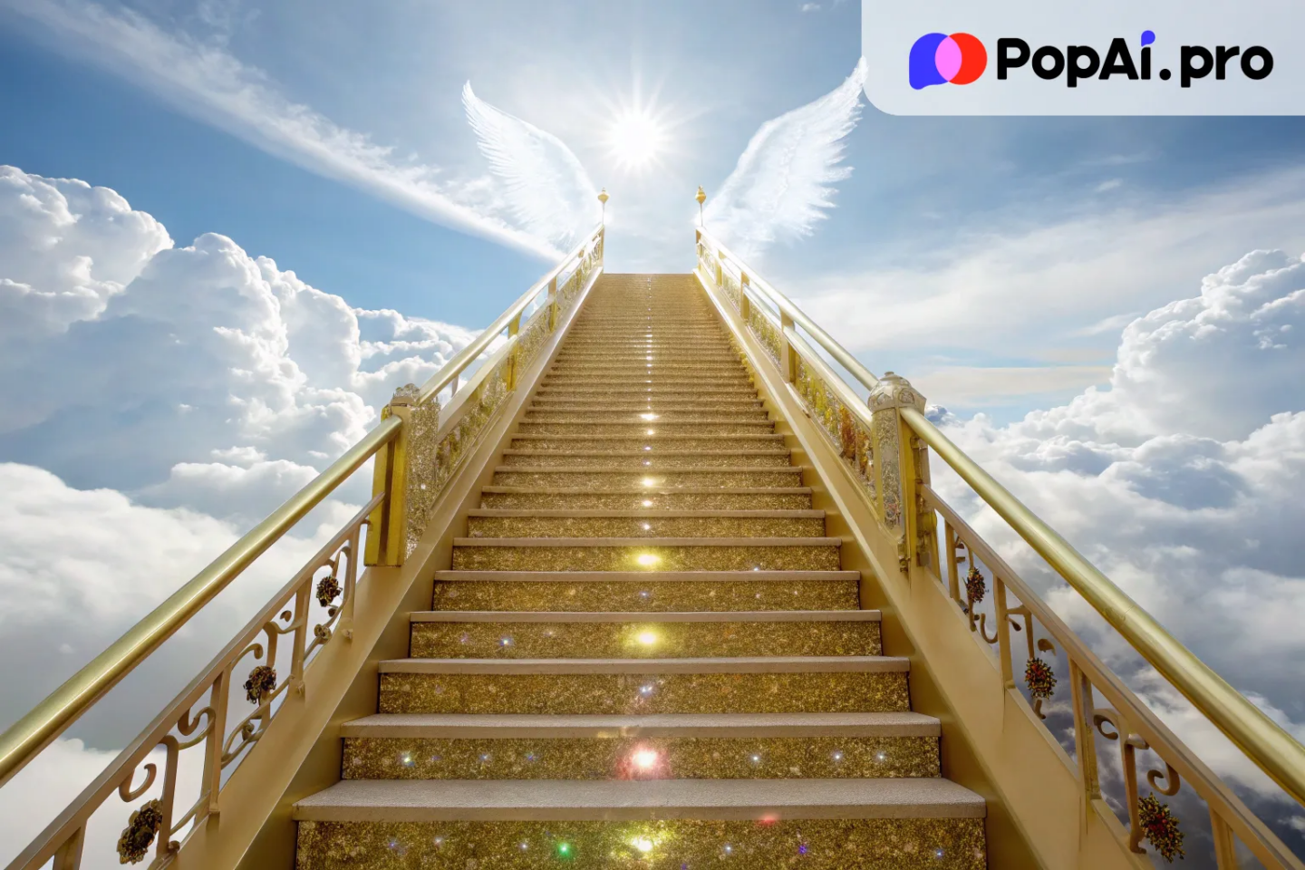 A magnificent golden stairway stretches endlessly into the sky