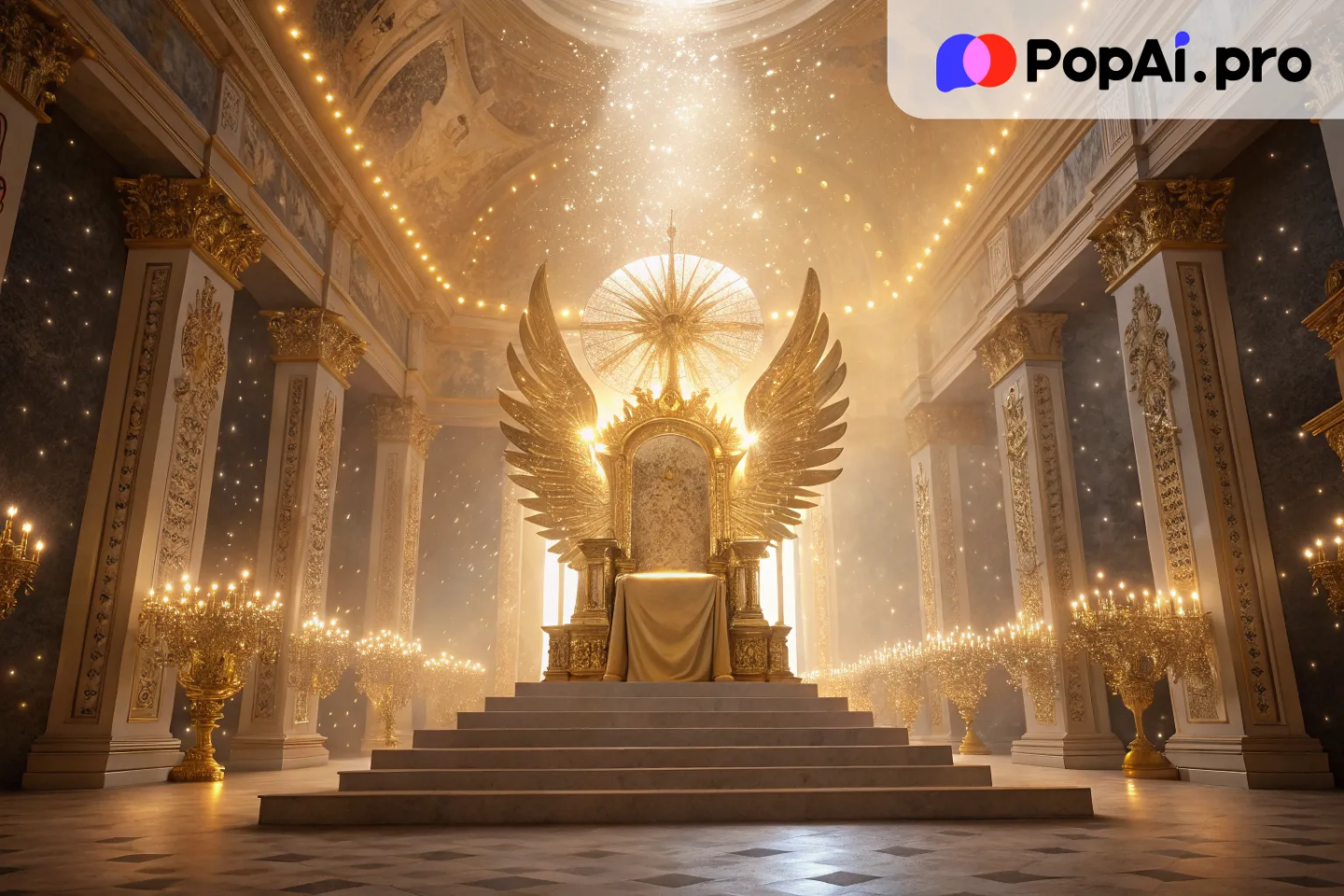 A grand, celestial throne room made of shimmering crystal and golden light