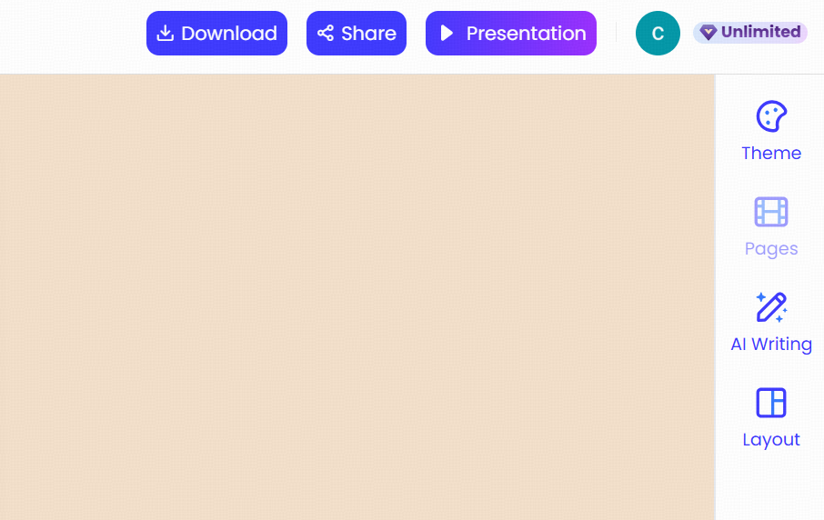 You can choose to download, share, or present the generated slides from the top right corner. You can also select a theme, use our AI writing tool to optimize the PPT, and adjust the slide layout.