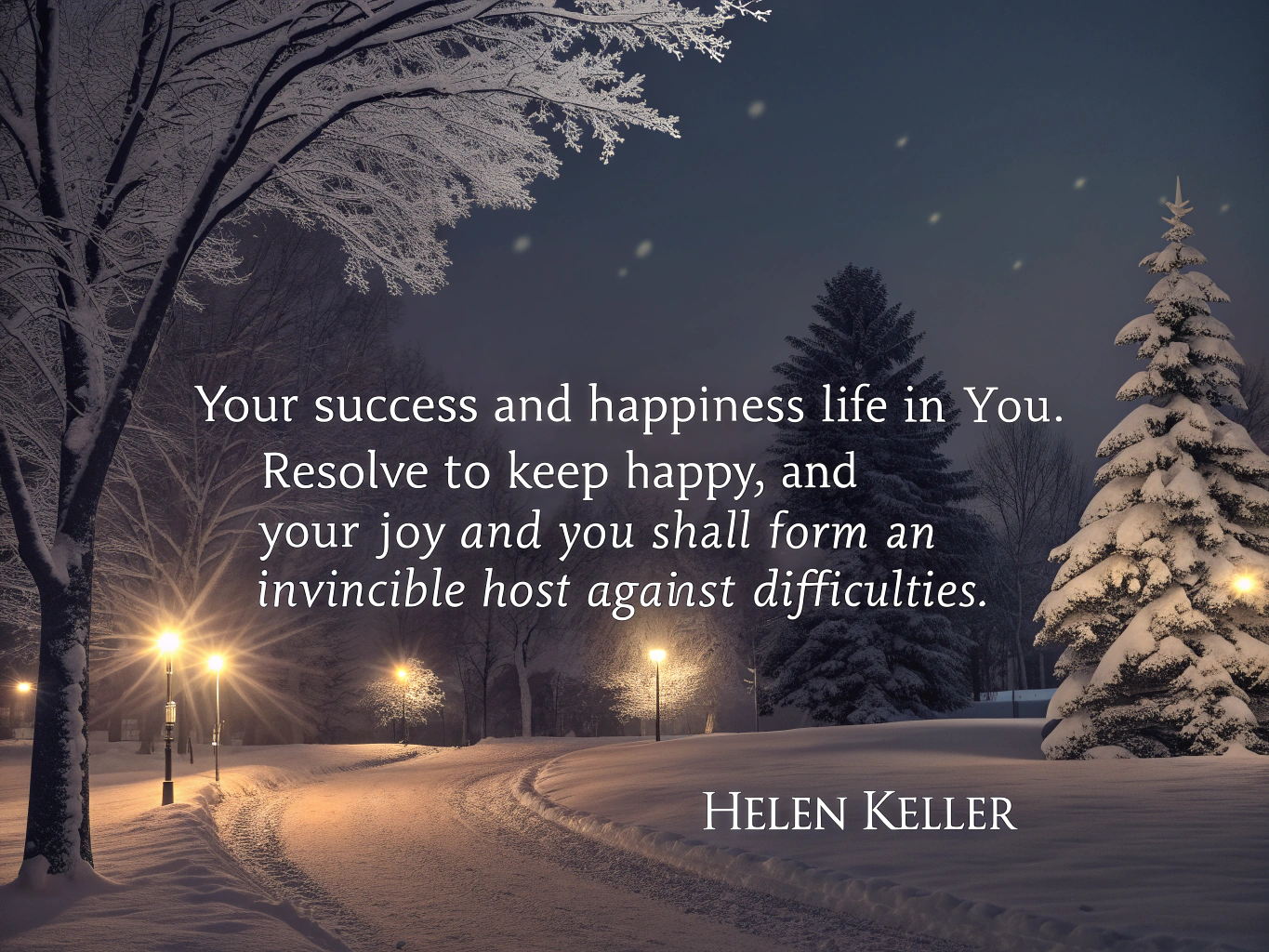 Helen Keller: "Your success and happiness lie in you. Resolve to keep happy, and your joy and you shall form an invincible host against difficulties."